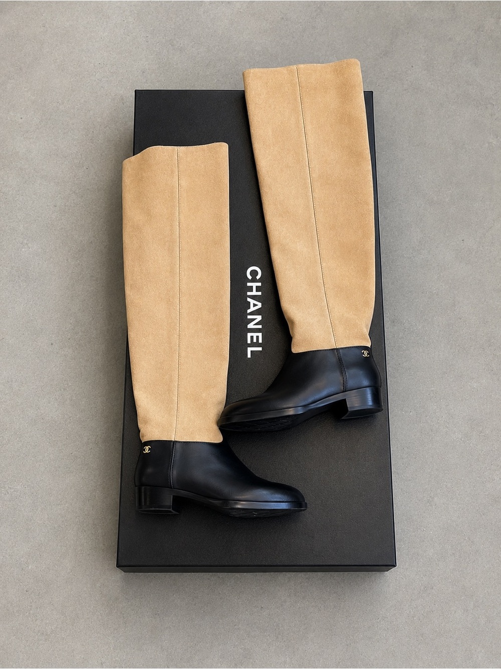 CHANEL Beige Suede and Black Leather Tall Boots completely sold out everywhere!